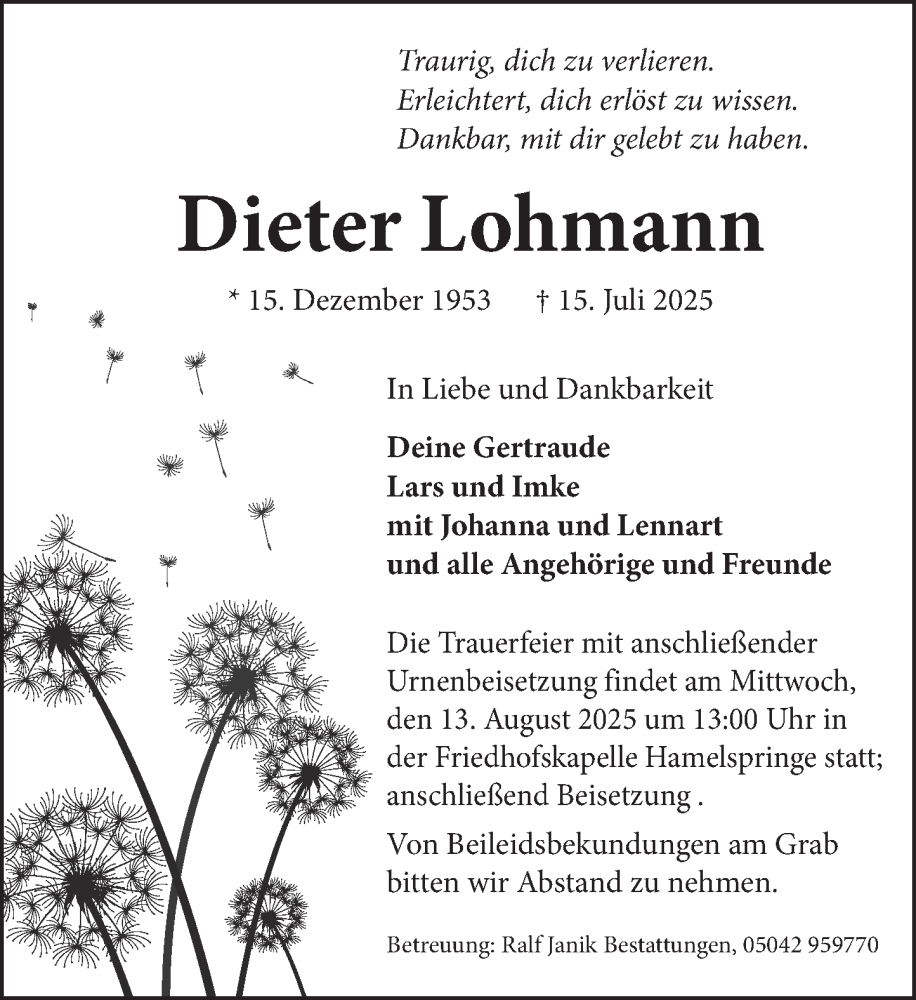  Traueranzeige für Dieter Lohmann vom 09.08.2025 aus Neue Deister-Zeitung