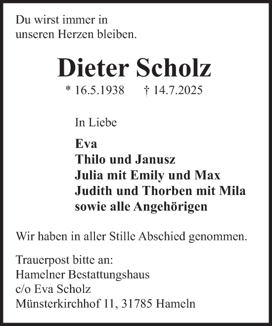 Traueranzeige von Dieter Scholz von Deister- und Weserzeitung
