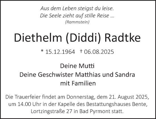 Traueranzeige von Diethelm Radtke von Deister- und Weserzeitung
