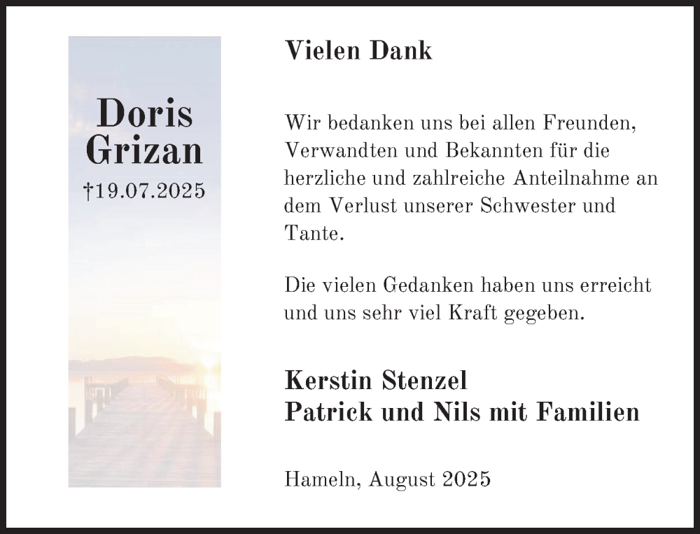  Traueranzeige für Doris Grizan vom 23.08.2025 aus Deister- und Weserzeitung