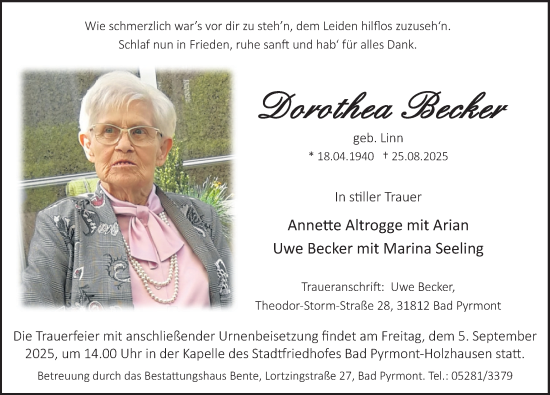 Traueranzeige von Dorothea Becker von Deister- und Weserzeitung
