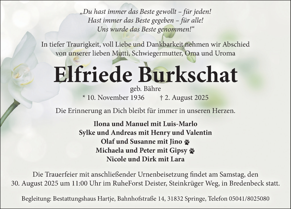  Traueranzeige für Elfriede Burkschat vom 16.08.2025 aus Neue Deister-Zeitung