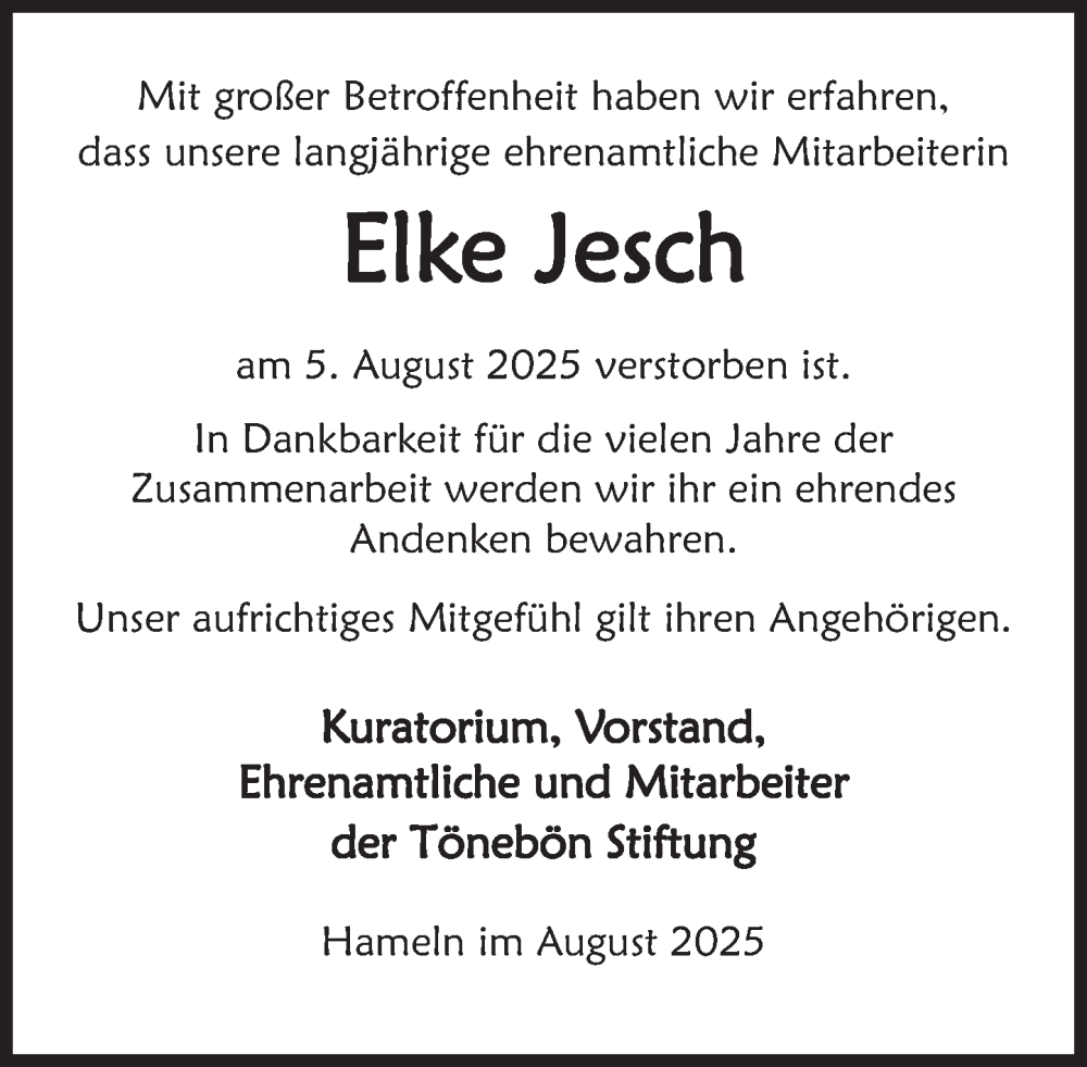  Traueranzeige für Elke Jesch vom 30.08.2025 aus Deister- und Weserzeitung