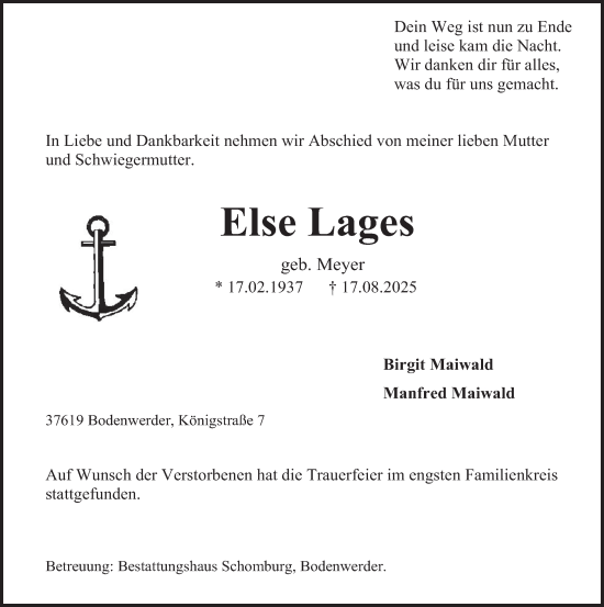 Traueranzeige von Else Lages von Deister- und Weserzeitung