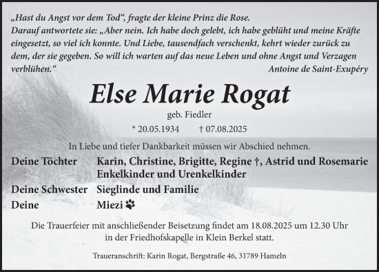 Traueranzeige von Else Marie Rogat von Deister- und Weserzeitung