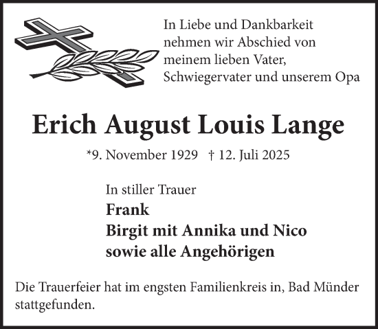 Traueranzeige von Erich August Louis Lange von Neue Deister-Zeitung