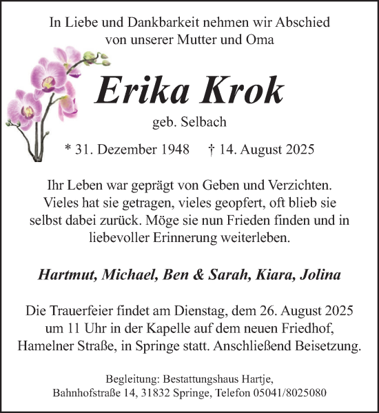 Traueranzeige von Erika Krok von Neue Deister-Zeitung