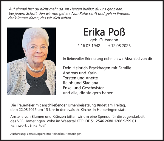 Traueranzeige von Erika Poß von Deister- und Weserzeitung