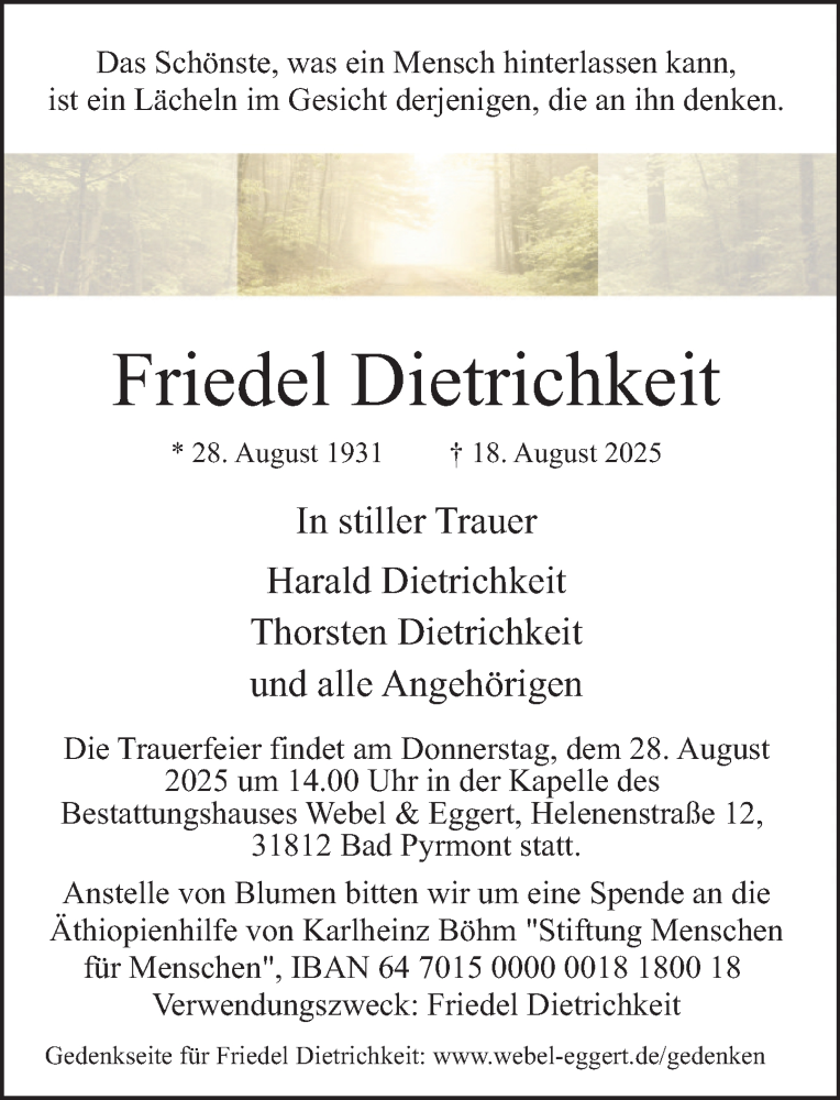  Traueranzeige für Friedel Dietrichkeit vom 23.08.2025 aus Deister- und Weserzeitung