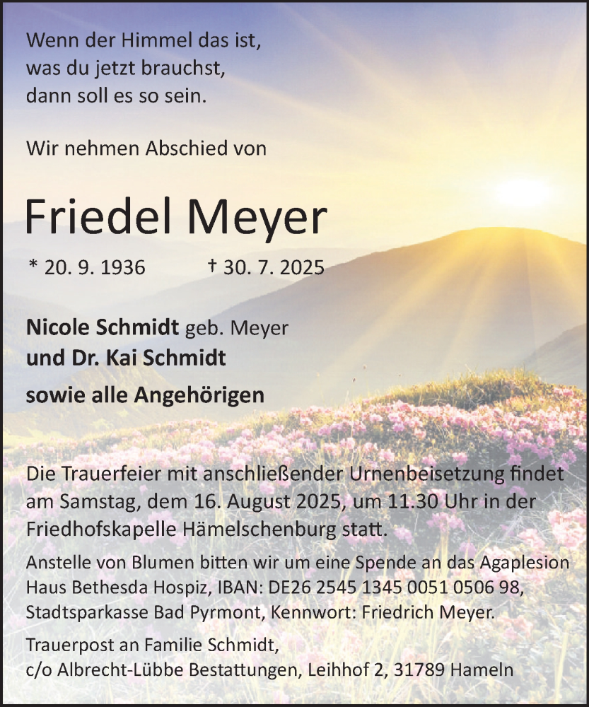  Traueranzeige für Friedel Meyer vom 09.08.2025 aus Deister- und Weserzeitung