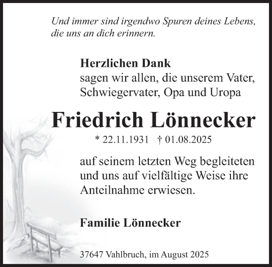 Traueranzeige von Friedrich Lönnecker von Deister- und Weserzeitung