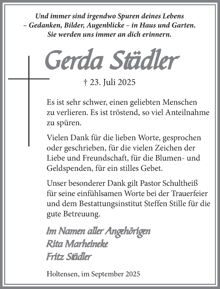  Traueranzeige für Gerda Städler vom 06.09.2025 aus Neue Deister-Zeitung