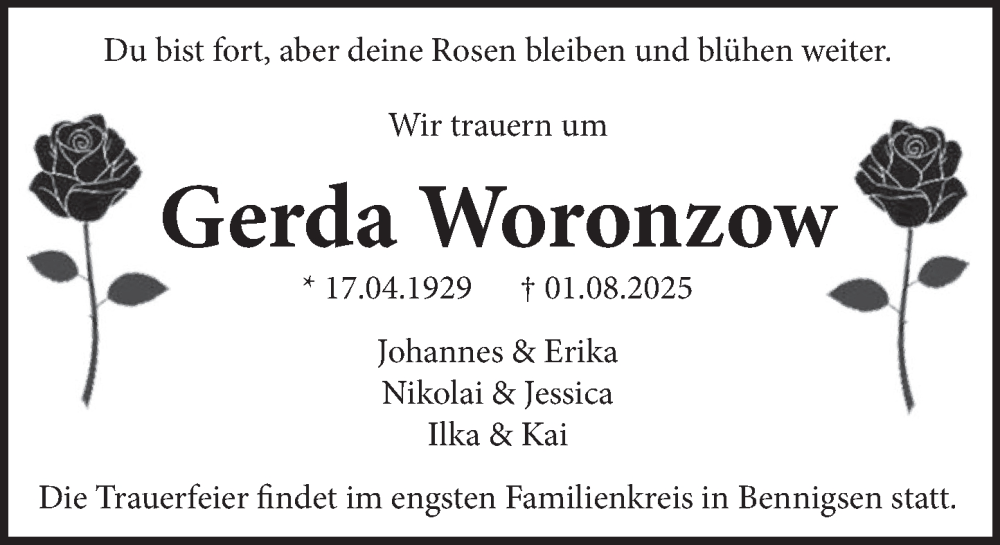  Traueranzeige für Gerda Woronzow vom 09.08.2025 aus Neue Deister-Zeitung