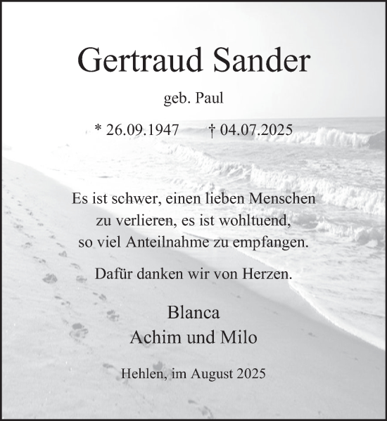 Traueranzeige von Gertraud Sander von Deister- und Weserzeitung