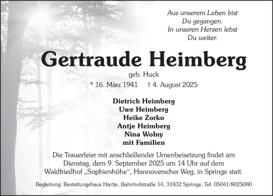 Traueranzeige von Gertraude Heimberg von Neue Deister-Zeitung