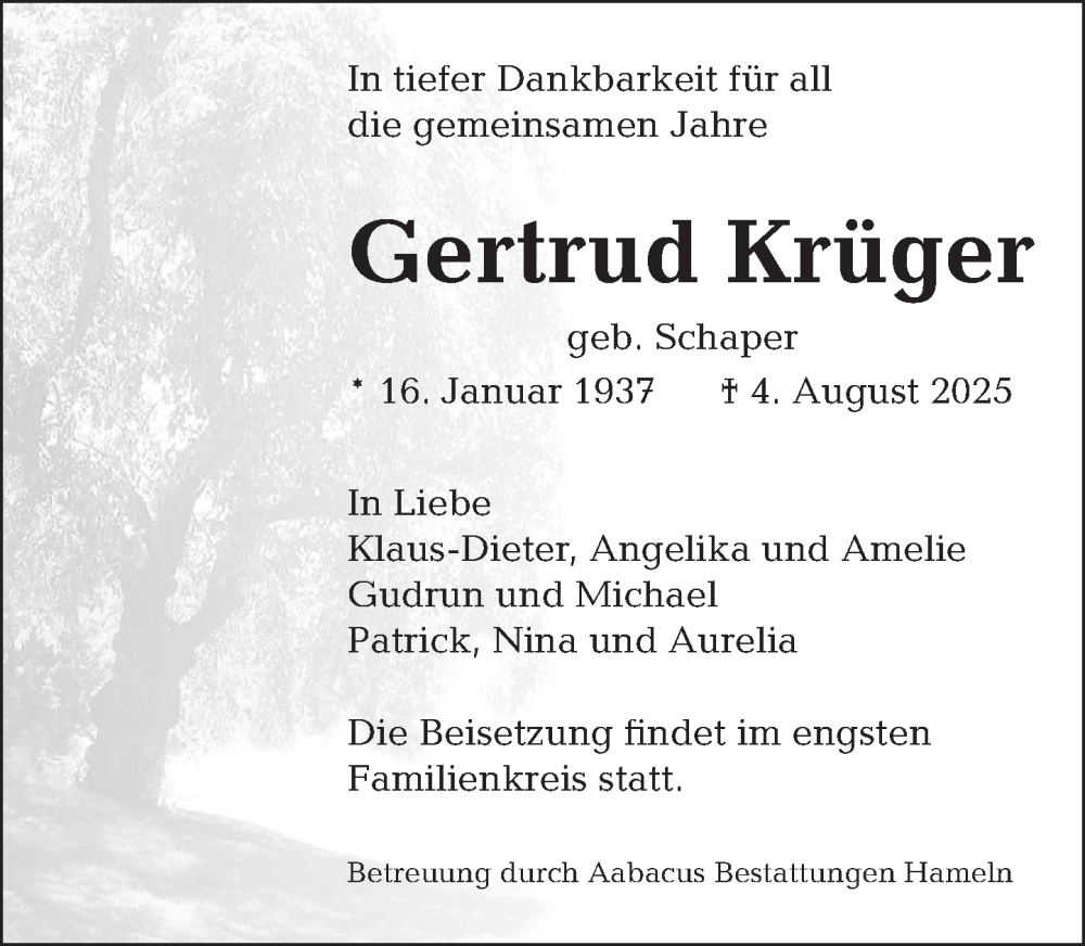 Traueranzeige für Gertrud Krüger vom 16.08.2025 aus Deister- und Weserzeitung