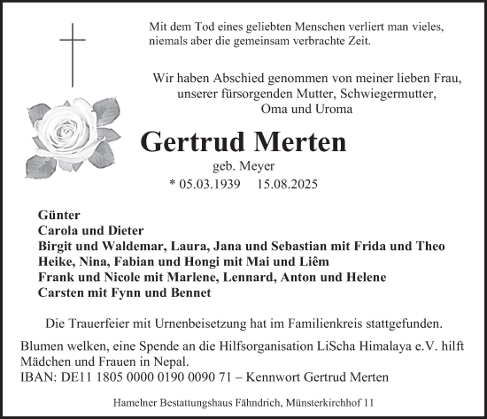 Traueranzeige von Gertrud Merten von Deister- und Weserzeitung