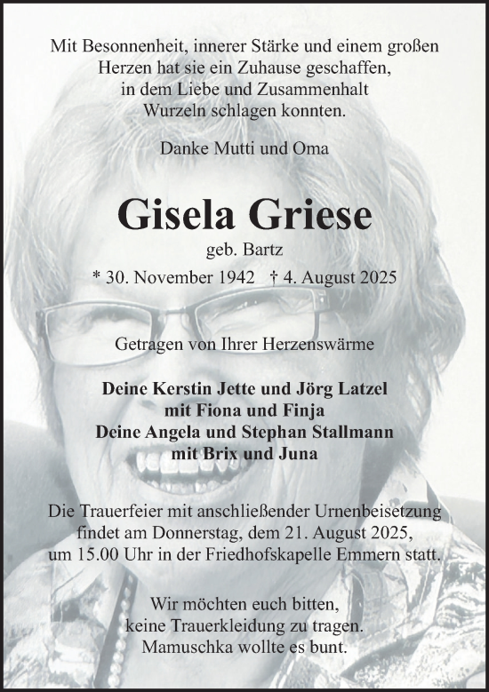 Traueranzeige von Gisela Griese von Deister- und Weserzeitung
