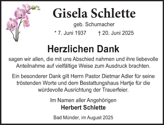 Traueranzeige von Gisela Schlette von Neue Deister-Zeitung