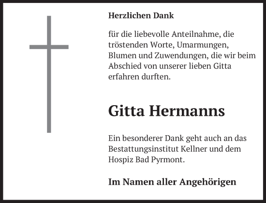 Traueranzeige von Gitta Hermanns von Deister- und Weserzeitung