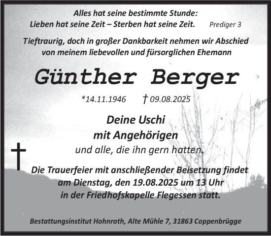 Traueranzeige von Günther Berger von Deister- und Weserzeitung