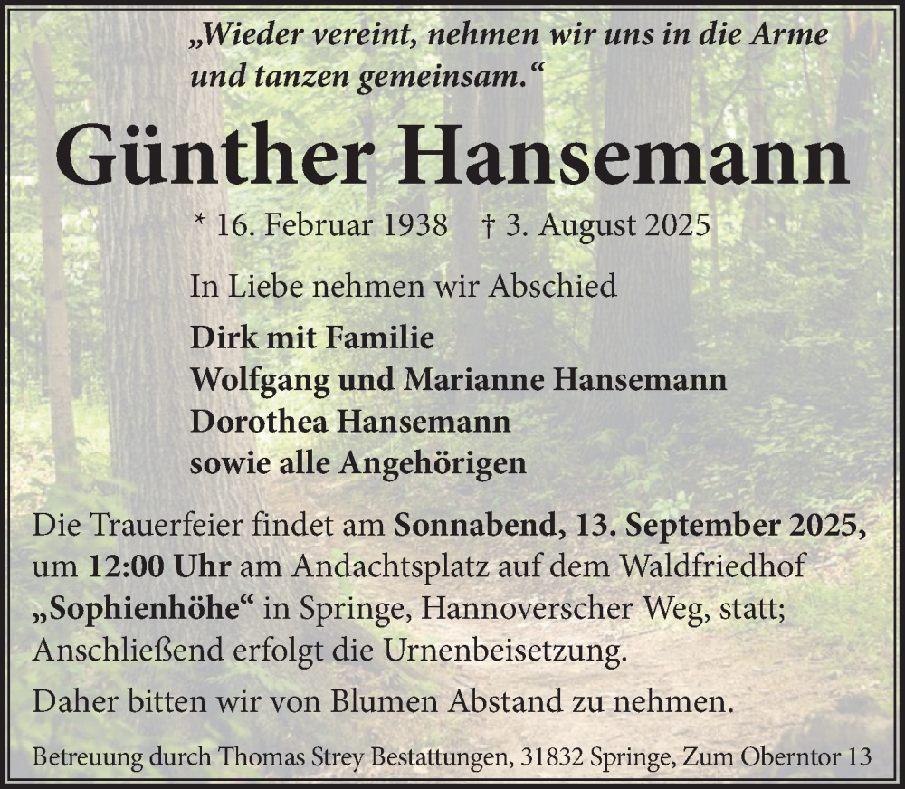  Traueranzeige für Günther Hansemann vom 30.08.2025 aus Neue Deister-Zeitung