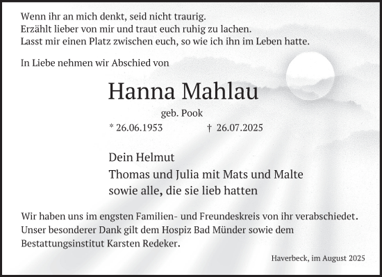 Traueranzeige von Hanna Mahlau von Deister- und Weserzeitung