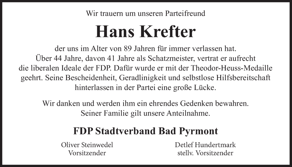  Traueranzeige für Hans Krefter vom 05.08.2025 aus Deister- und Weserzeitung