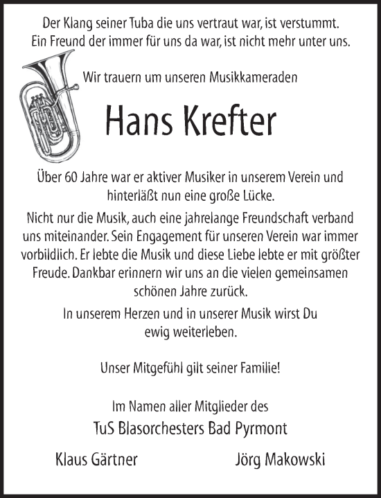 Traueranzeige von Hans Krefter von Deister- und Weserzeitung
