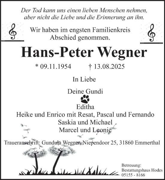 Traueranzeige von Hans-Peter Wegner von Deister- und Weserzeitung