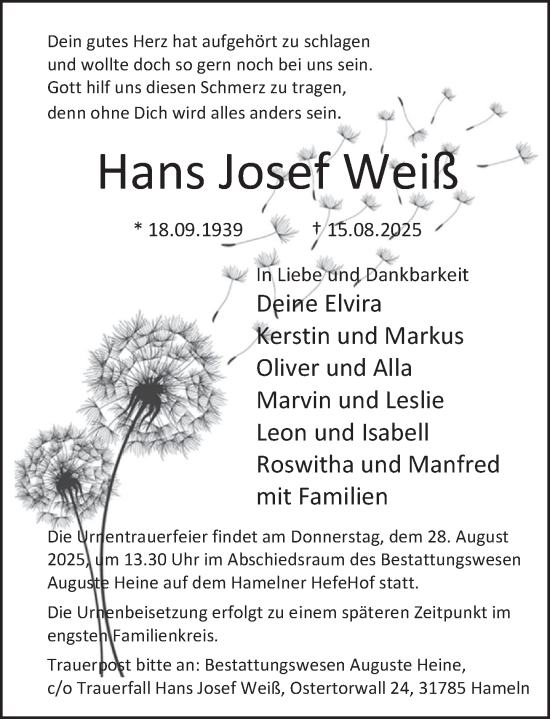 Traueranzeige von Hans Josef Weiß von Deister- und Weserzeitung