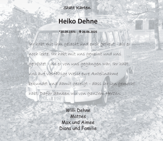 Traueranzeige von Heiko Dehne von Deister- und Weserzeitung