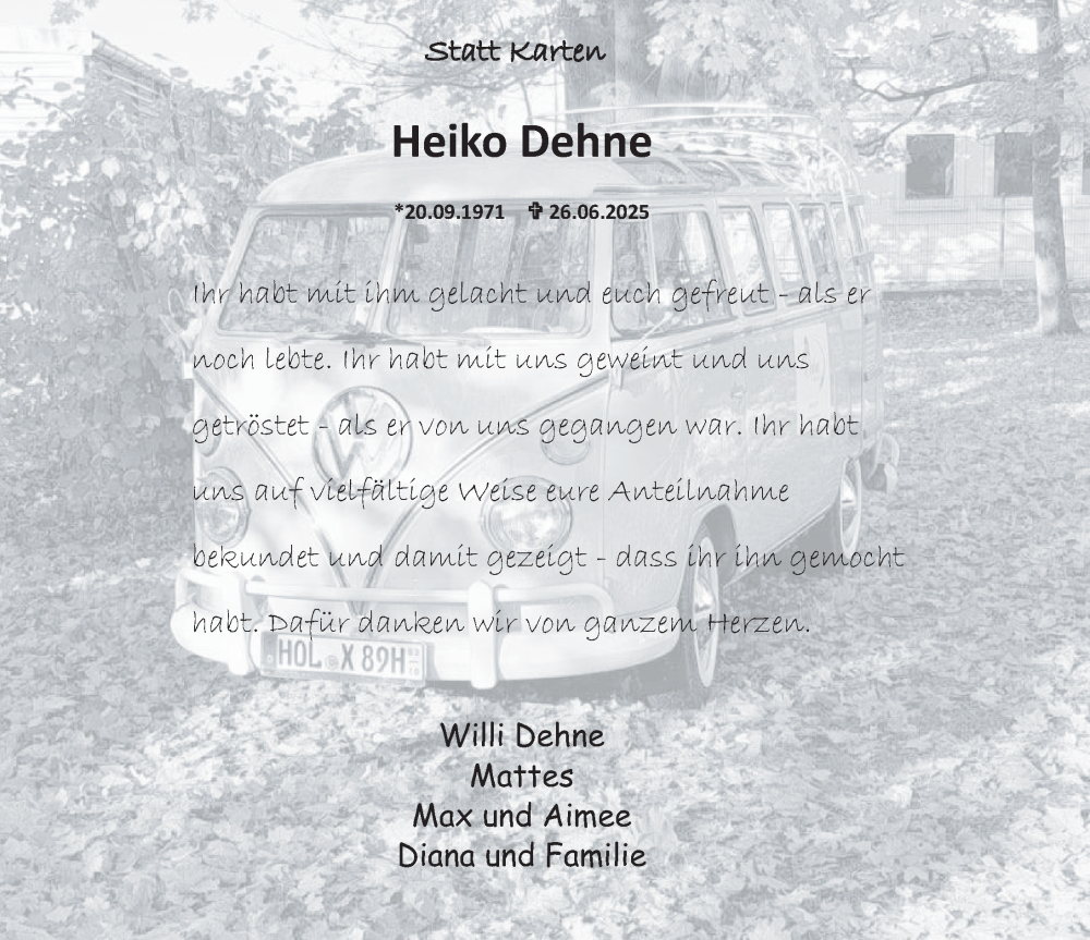  Traueranzeige für Heiko Dehne vom 23.08.2025 aus Deister- und Weserzeitung