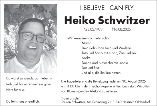 Traueranzeige von Heiko Schwitzer von Deister- und Weserzeitung