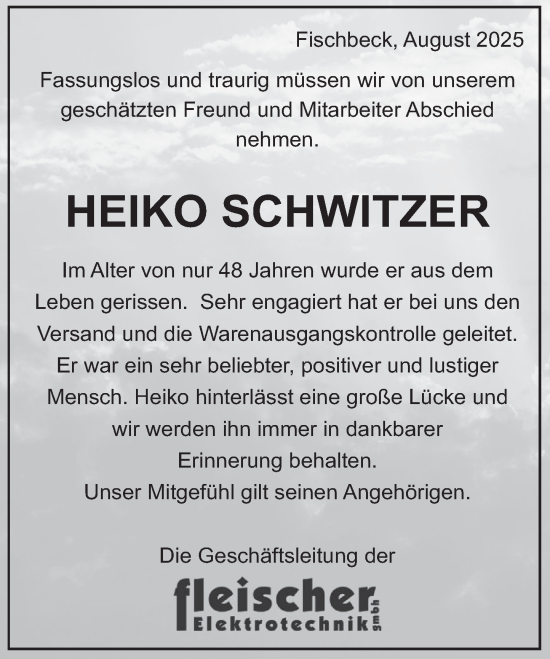 Traueranzeige von Heiko Schwitzer von Deister- und Weserzeitung