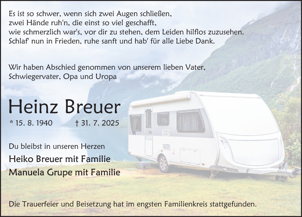  Traueranzeige für Heinz Breuer vom 23.08.2025 aus Deister- und Weserzeitung