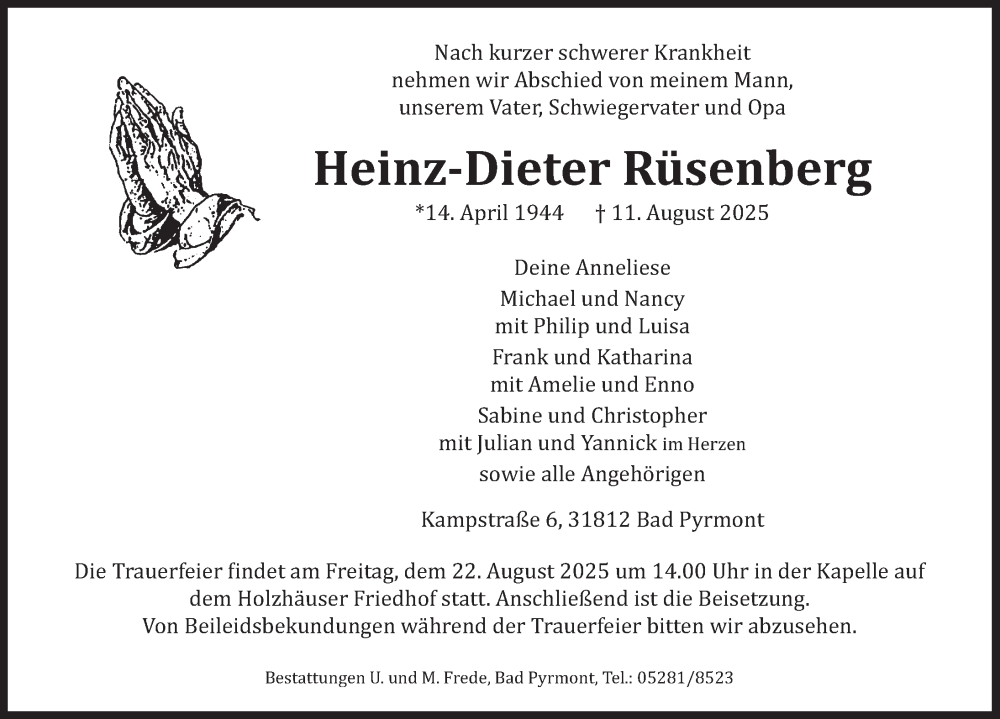  Traueranzeige für Heinz-Dieter Rüsenberg vom 16.08.2025 aus Deister- und Weserzeitung