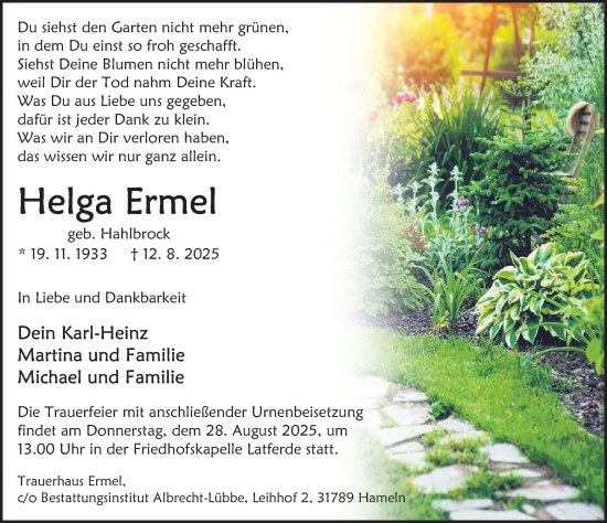 Traueranzeige von Helga Ermel von Deister- und Weserzeitung