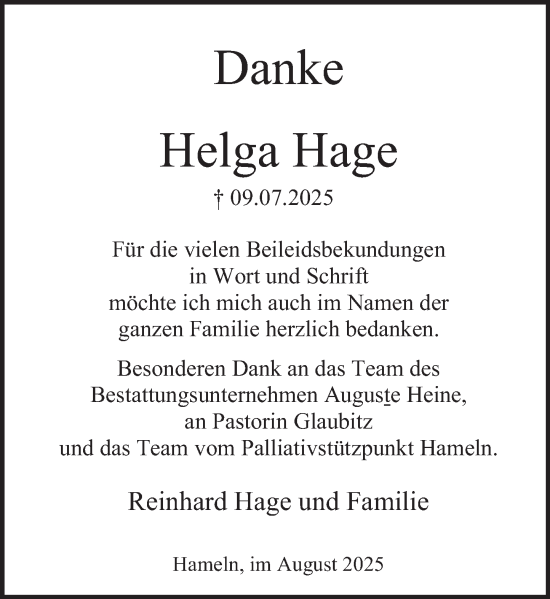 Traueranzeige von Helga Hage von Deister- und Weserzeitung