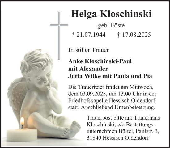 Traueranzeige von Helga Kloschinski von Deister- und Weserzeitung