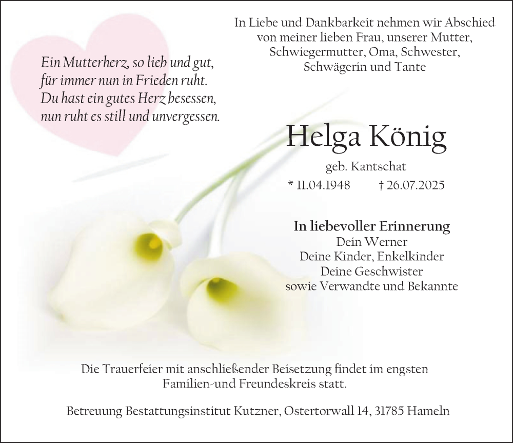  Traueranzeige für Helga König vom 06.08.2025 aus Deister- und Weserzeitung