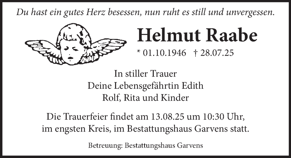  Traueranzeige für Helmut Raabe vom 11.08.2025 aus Deister- und Weserzeitung