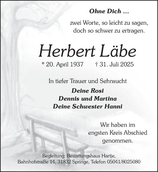 Traueranzeige von Herbert Läbe von Neue Deister-Zeitung