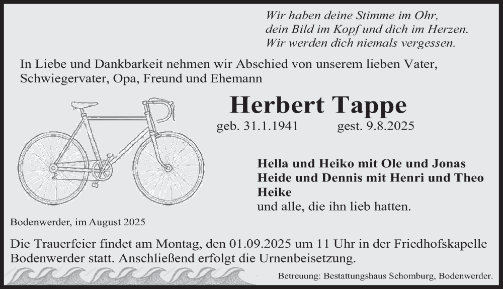  Traueranzeige für Herbert Tappe vom 23.08.2025 aus Deister- und Weserzeitung