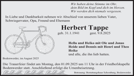 Traueranzeige von Herbert Tappe von Deister- und Weserzeitung