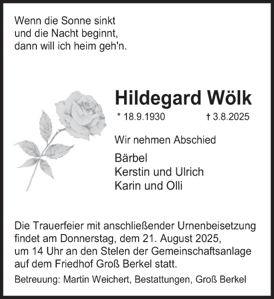 Traueranzeige von Hildegard Wölk von Deister- und Weserzeitung