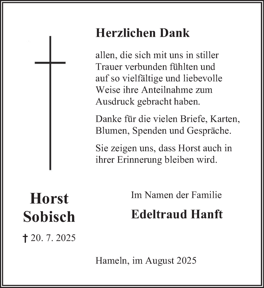  Traueranzeige für Horst Sobisch vom 16.08.2025 aus Deister- und Weserzeitung