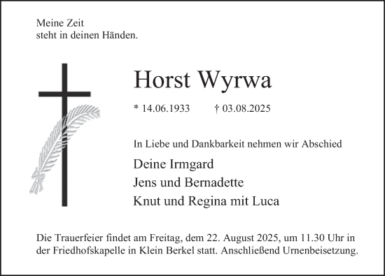 Traueranzeige von Horst Wyrwa von Deister- und Weserzeitung