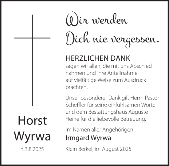Traueranzeige von Horst Wyrwa von Deister- und Weserzeitung