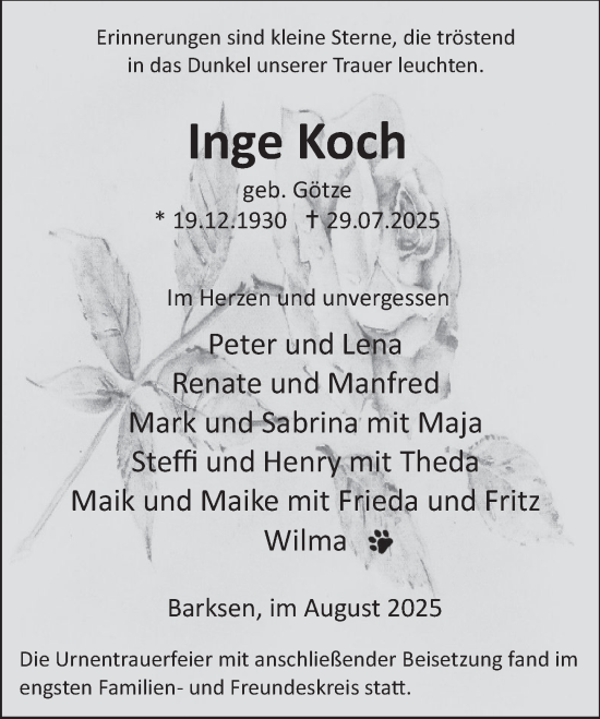Traueranzeige von Inge Koch von Deister- und Weserzeitung
